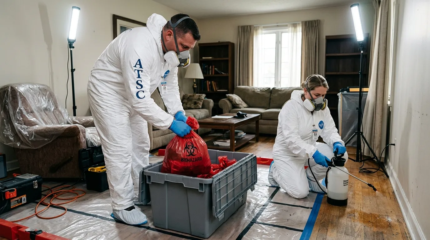 Professional Hazmat Cleanup technician in full PPE working in Olivette